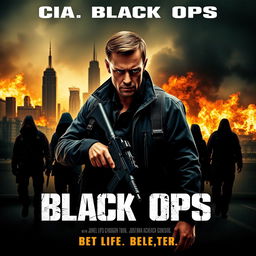 An action thriller movie poster featuring a determined CIA Black Ops agent standing in the foreground, with a burning cityscape behind him