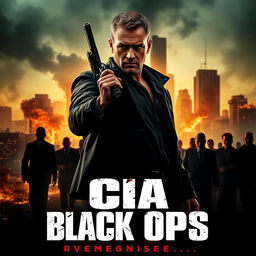 An action thriller movie poster featuring a determined CIA Black Ops agent standing in the foreground, with a burning cityscape behind him