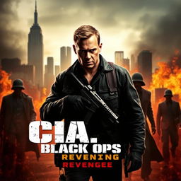 An action thriller movie poster featuring a determined CIA Black Ops agent standing in the foreground, with a burning cityscape behind him