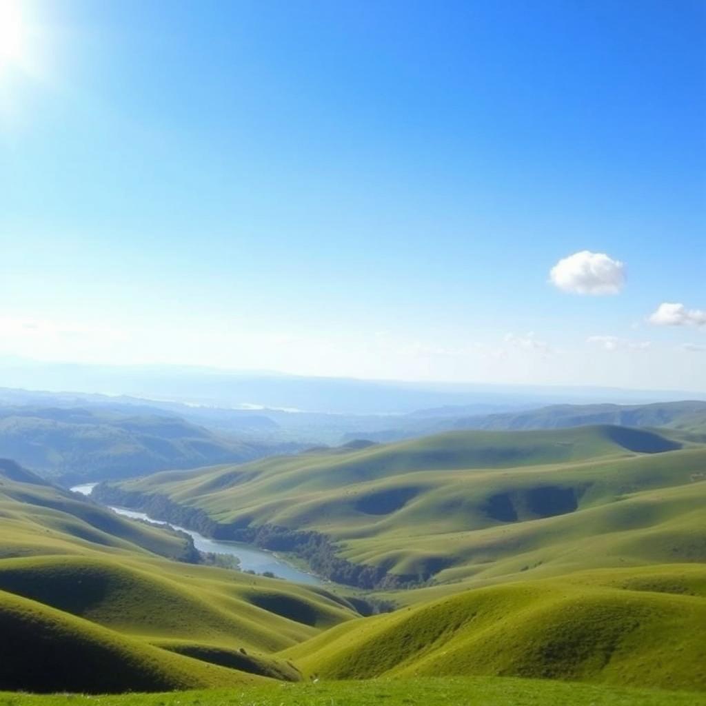 A beautiful landscape with rolling green hills, a clear blue sky, and a bright sun shining