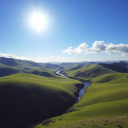 A beautiful landscape with rolling green hills, a clear blue sky, and a bright sun shining