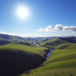 A beautiful landscape with rolling green hills, a clear blue sky, and a bright sun shining