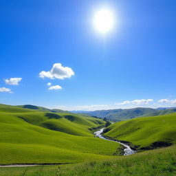 A beautiful landscape with rolling green hills, a clear blue sky, and a bright sun shining