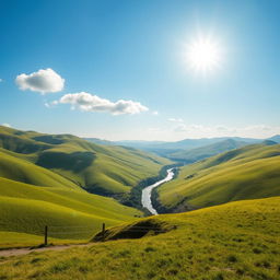 A beautiful landscape with rolling green hills, a clear blue sky, and a bright sun shining