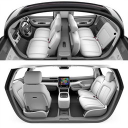 Different angles of the same interior design of a small and electric Renault car