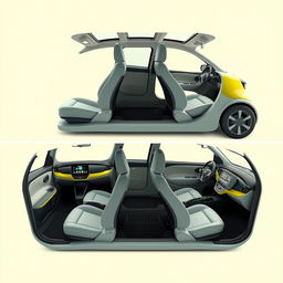 Different angles of the same interior design of a small and electric Renault car