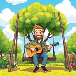 A whimsical illustration of Joe Hawley, the musician, sitting on a swing in a serene park