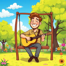 A whimsical illustration of Joe Hawley, the musician, sitting on a swing in a serene park