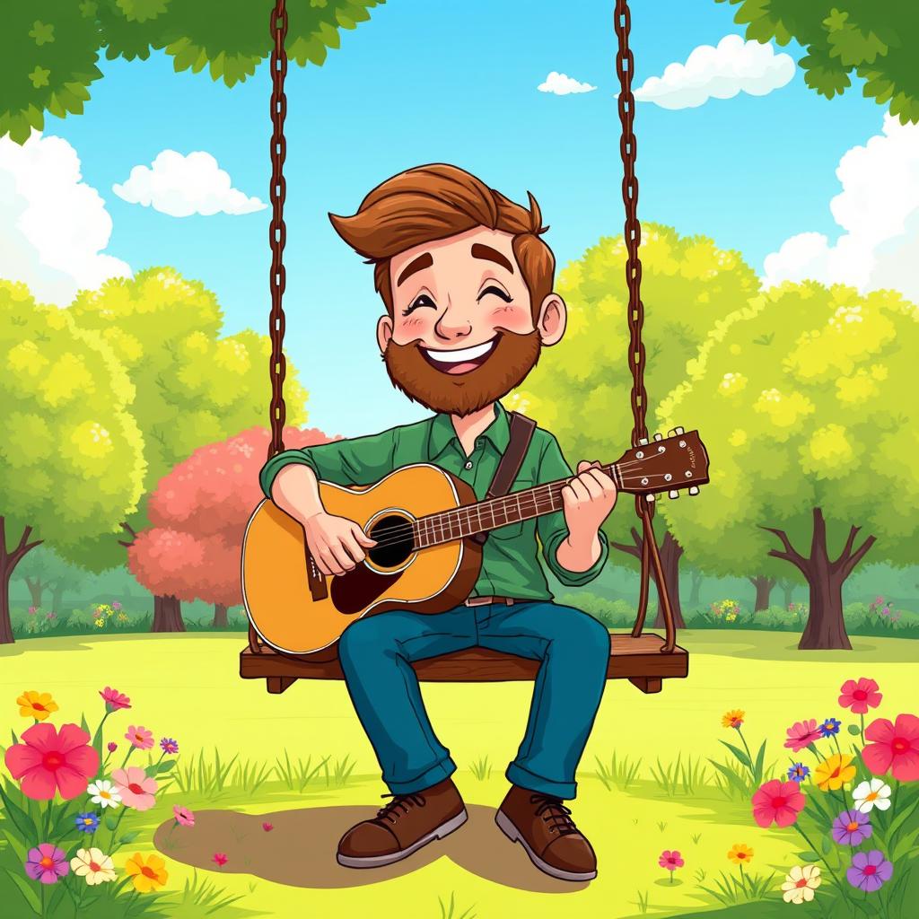 A whimsical illustration of Joe Hawley, the musician, sitting on a swing in a serene park