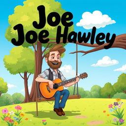 A whimsical illustration of Joe Hawley, the musician, sitting on a swing in a serene park