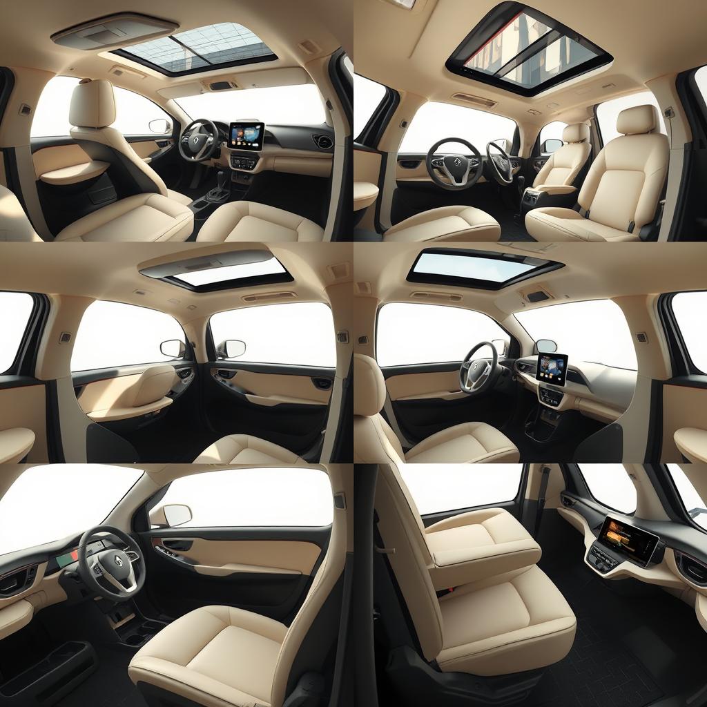 A variety of angles inside the same interior of a small and electric Renault car