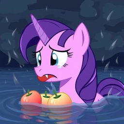 An emotional scene featuring Twilight Sparkle from My Little Pony, crying as she holds apples in her mouth during a flood