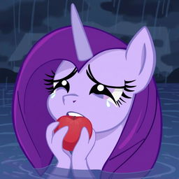 An emotional scene featuring Twilight Sparkle from My Little Pony, crying as she holds apples in her mouth during a flood