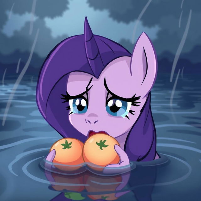 An emotional scene featuring Twilight Sparkle from My Little Pony, crying as she holds apples in her mouth during a flood