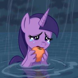 An emotional scene featuring Twilight Sparkle from My Little Pony, crying as she holds apples in her mouth during a flood