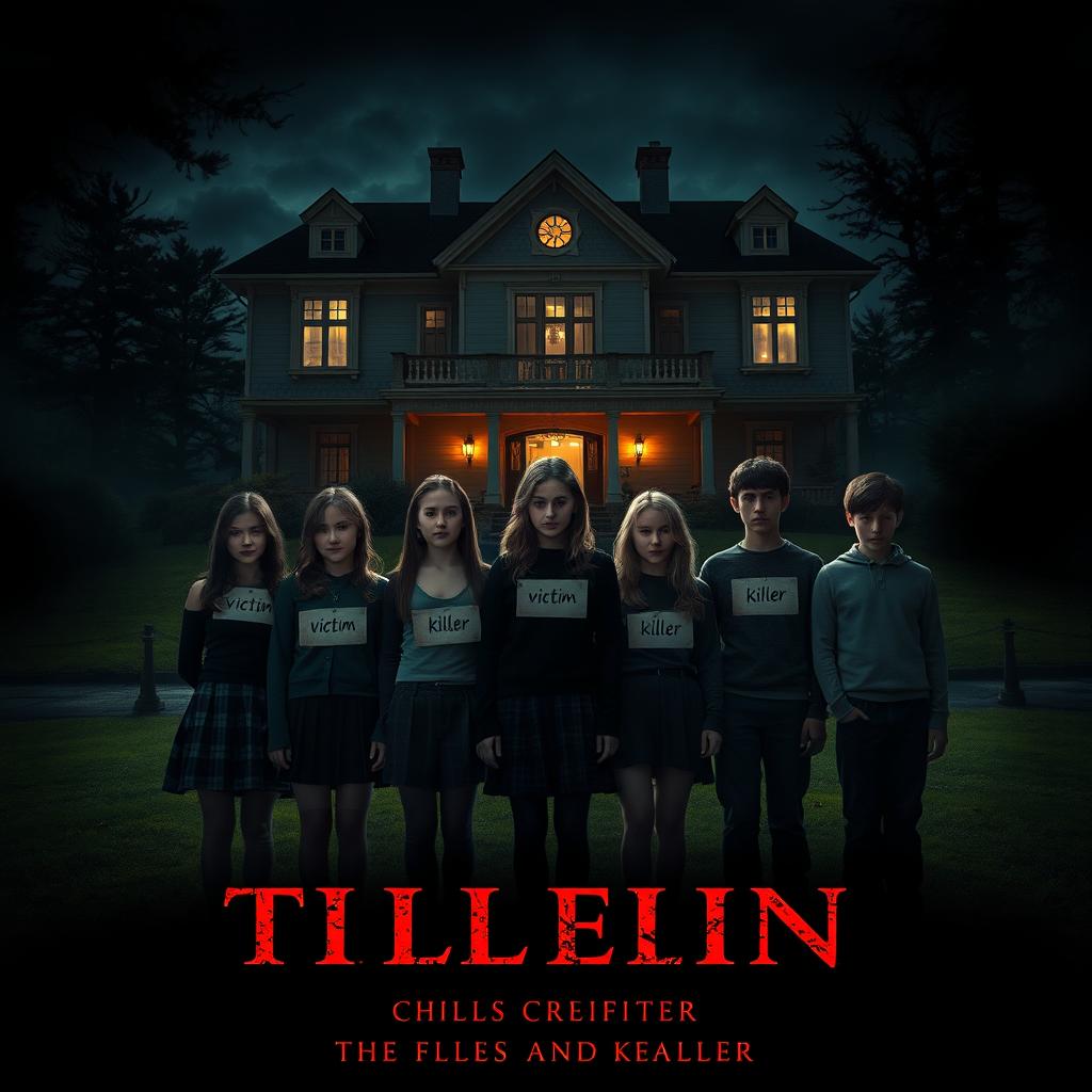 A thriller movie poster featuring seven friends (four girls and three boys) standing in front of a beautiful hill station mansion in Sweden