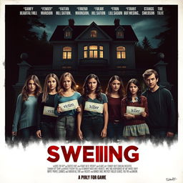 A thriller movie poster featuring seven friends (four girls and three boys) standing in front of a beautiful hill station mansion in Sweden