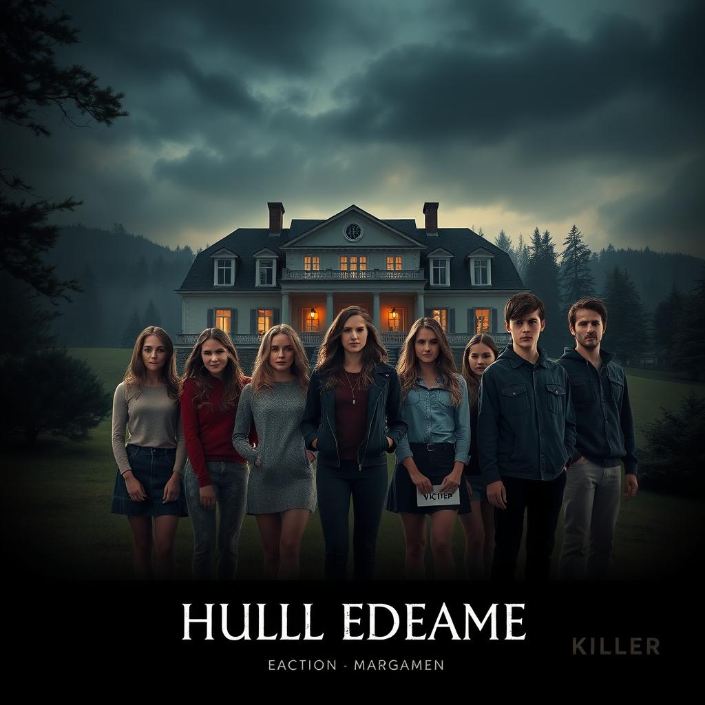 A thriller movie poster featuring seven friends (four girls and three boys) standing in front of a beautiful hill station mansion in Sweden