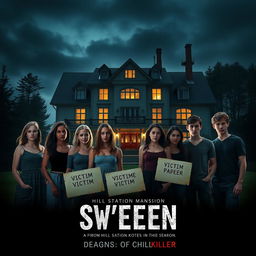 A thriller movie poster featuring seven friends (four girls and three boys) standing in front of a beautiful hill station mansion in Sweden