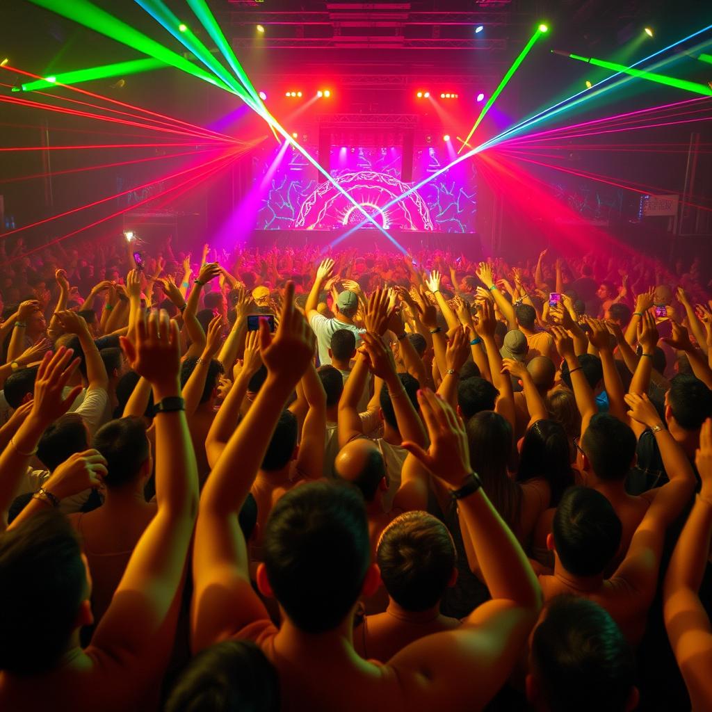 A vibrant and energetic crowd at an electronic music festival, with people raising their hands and dancing