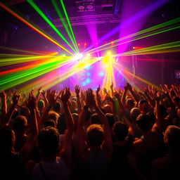 A vibrant and energetic crowd at an electronic music festival, with people raising their hands and dancing