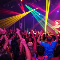 A vibrant and energetic crowd at an electronic music festival, with people raising their hands and dancing