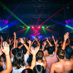 A vibrant and energetic crowd at an electronic music festival, with people raising their hands and dancing