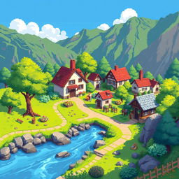 Create a detailed pixel art scene with vibrant colors, featuring a small village with houses, trees, and a river