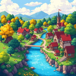 Create a detailed pixel art scene with vibrant colors, featuring a small village with houses, trees, and a river