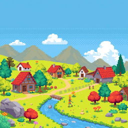 Create a detailed pixel art scene with vibrant colors, featuring a small village with houses, trees, and a river