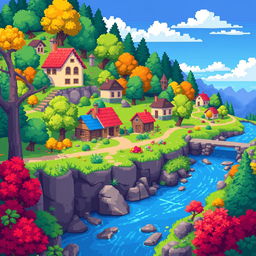 Create a detailed pixel art scene with vibrant colors, featuring a small village with houses, trees, and a river