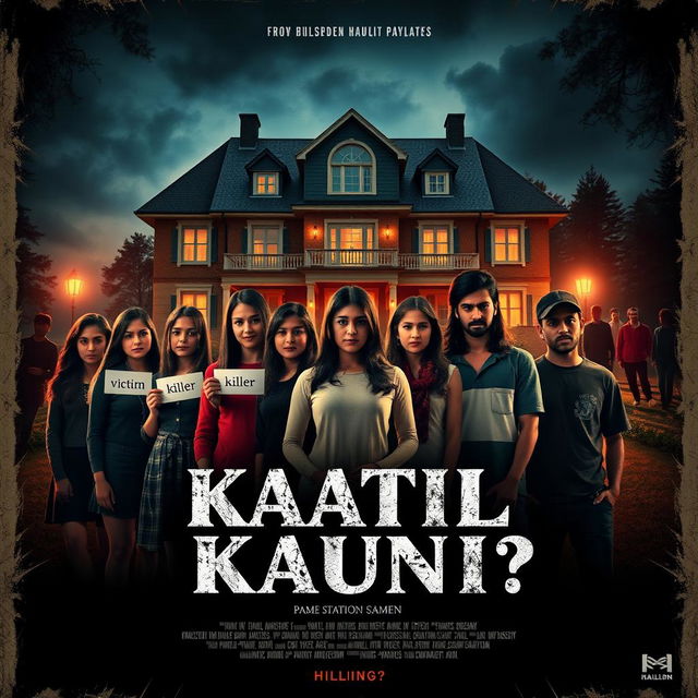 A thriller movie poster for the film titled 'Kaatil Kaun?!' featuring seven friends (four girls and three boys) standing in front of a beautiful hill station mansion in Sweden