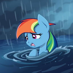 A dramatic scene featuring Rainbow Dash from My Little Pony, crying in a flood