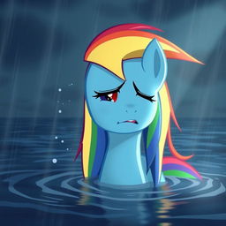 A dramatic scene featuring Rainbow Dash from My Little Pony, crying in a flood