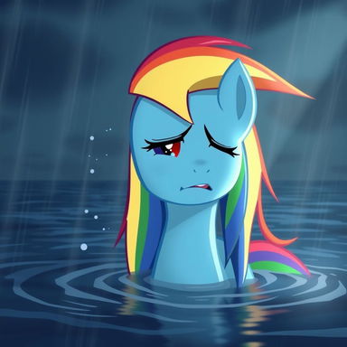 A dramatic scene featuring Rainbow Dash from My Little Pony, crying in a flood