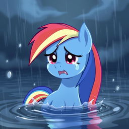 A dramatic scene featuring Rainbow Dash from My Little Pony, crying in a flood