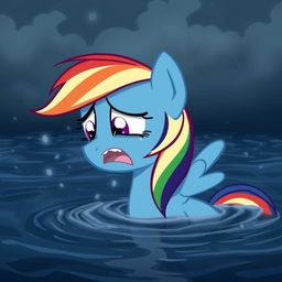 A dramatic scene featuring Rainbow Dash from My Little Pony, crying in a flood