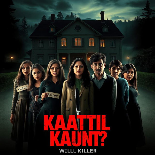 A thriller movie poster for the film titled 'Kaatil Kaun?!' featuring seven friends (four girls and three boys) standing in front of a beautiful hill station mansion in Sweden