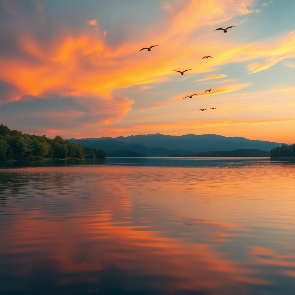 A serene landscape with a colorful sunset over a calm lake, surrounded by lush green trees and a distant mountain range