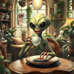 A friendly alien with tentacles, sitting at a quaint table, drinking tea from a delicate porcelain cup