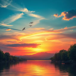 A serene landscape with a colorful sunset over a calm lake, surrounded by lush green trees and a distant mountain range