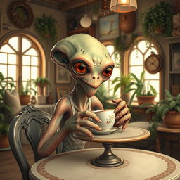 A friendly alien with tentacles, sitting at a quaint table, drinking tea from a delicate porcelain cup