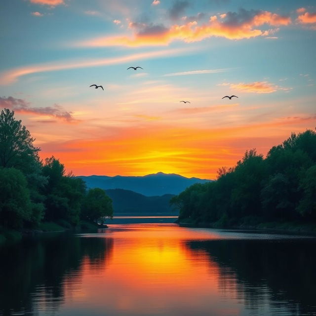 A serene landscape with a colorful sunset over a calm lake, surrounded by lush green trees and a distant mountain range