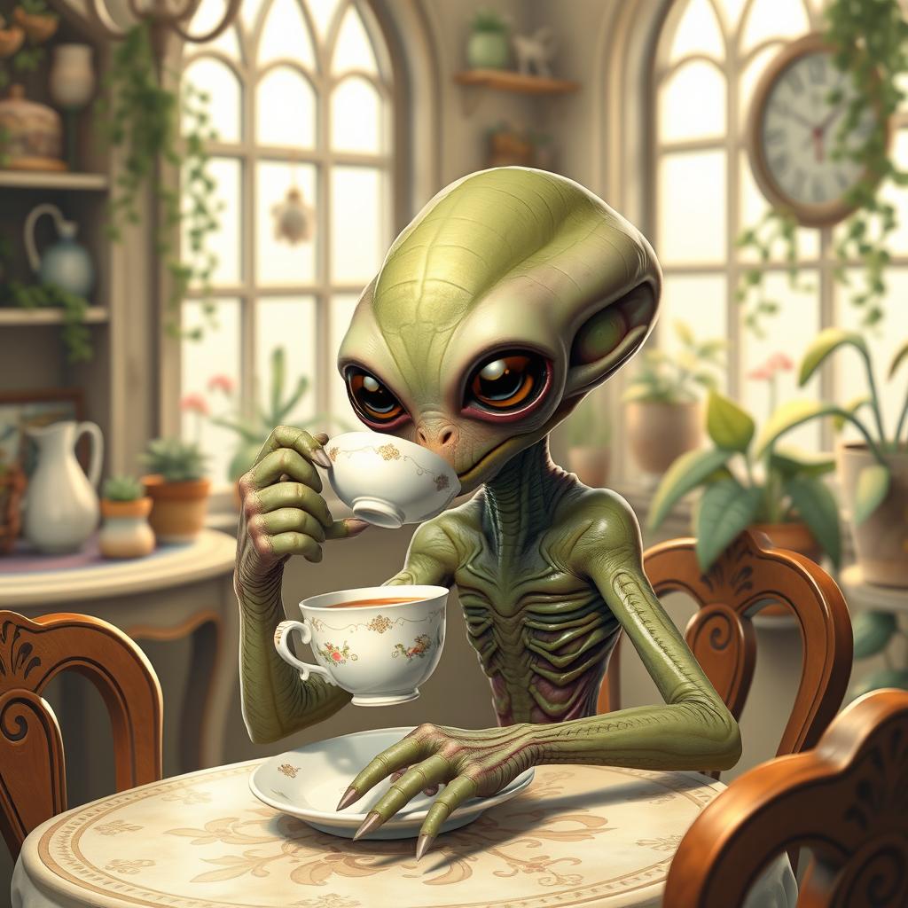 A friendly alien with tentacles, sitting at a quaint table, drinking tea from a delicate porcelain cup