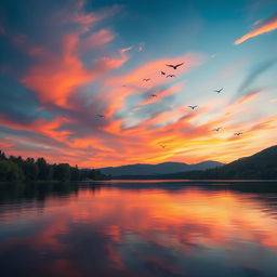 A serene landscape with a colorful sunset over a calm lake, surrounded by lush green trees and a distant mountain range