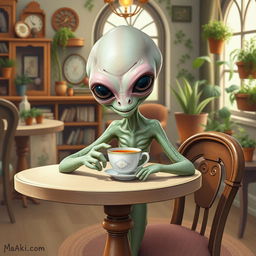 A friendly alien with tentacles, sitting at a quaint table, drinking tea from a delicate porcelain cup