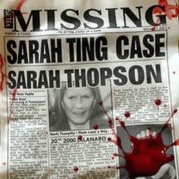 A newspaper headline discussing the missing case of Sarah Thompson