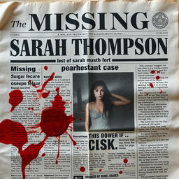 A newspaper headline discussing the missing case of Sarah Thompson