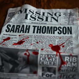 A newspaper headline discussing the missing case of Sarah Thompson