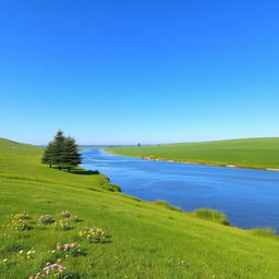 A serene landscape featuring a clear blue sky, a gently flowing river, and lush green meadows